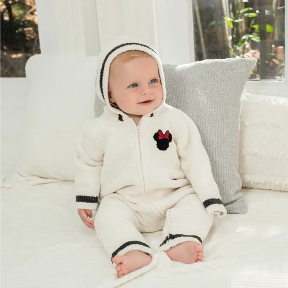 NWT BarefootDreams CozyChic Mickey Mouse hooded romper in carbon- 12-18m